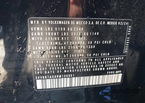 2024 Volkswagen Tiguan 2.0T S из США, поврежденный, VIN 3VVRB7AX8RM100851